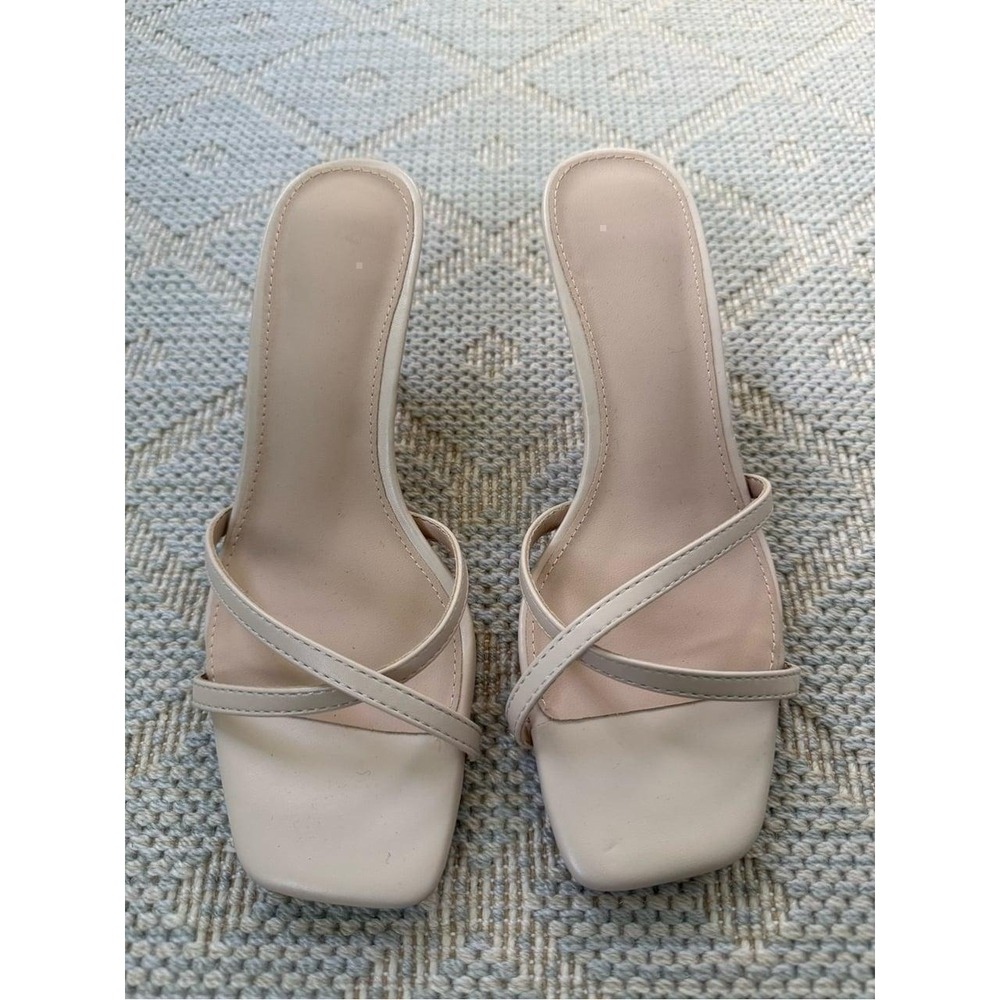 Womens Strappy Square Toe Slide Sandals Cream Kitten Heel Mules